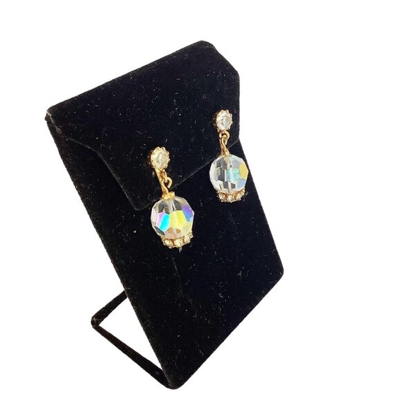 Simple One Bead Ab Crystal Petite Earrings Clip On Glass Dangles Crystal Beads - Picture 1 of 3
